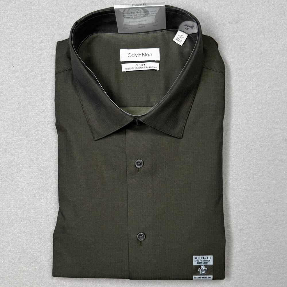 Calvin Klein Steel Men's Reg-Fit Stretch Dress Shirt, Olive 18 34-35 $85